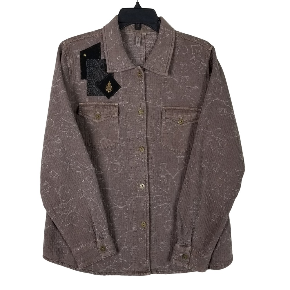 Focus Button Down Shirt Women Medium Taupe Embroidered Boho Patchwork M105